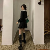 Patcute   Vintage Black Mini Dress Women Lacy Ruffles Peter Pan Collar A Line Dresses Korean Sweet Y2K Long Sleeve Slim Vestidos