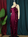 Patcute  Elegant Women Party Even Dresses Sexy Sparkly Satin Stretch Strap Maxi Long Dress Willon Green Burgundy Curvy Formal Event Gowns