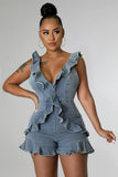 Patcute  V-Neck Ruffled Open Back Denim Jumpsuit Sexy Women Y2K Romper Sleeveless Summer Skinny V Neck Playsuit Streetwear Outfit