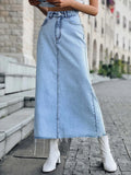 Patcute  Women Ligh Blue Long Denim Skirt Ladies Maong Maxi High Waist Jean A Line Skirt Dress For Women