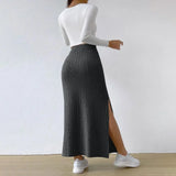 Patcute  Solid Color Long Skirt Striped High Waist Knitted Maxi Skirt for Women Warm Slim Fit Ankle Length Sheath Skirt with Split Hem