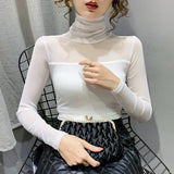 Patcute  Autumn Winter High Collar T shirt Women Sexy Mesh Bottoming Shirt Long Sleeve Solid Color Slim Fit Long Sleeve Casual Tops