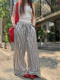 Patcute   Vertical Striped Drawstring Elastic High Waist Casual Wide Leg Pants Women Spring Summer Korean Fashion Long Trousers