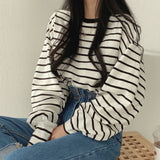 Patcute Striped T-shirt Women's New Spring And Autumn Thin Section Street Loose Long-sleeved Top Bottoming Shirt Top