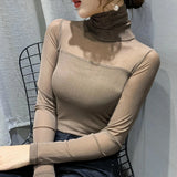 Patcute  Autumn Winter High Collar T shirt Women Sexy Mesh Bottoming Shirt Long Sleeve Solid Color Slim Fit Long Sleeve Casual Tops