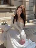 Patcute Autumn Fashion White Knitted Dress Women Elegant Sexy Off Shoulder Slim A-Line Robe Korean Spring Casual Long Sleeve Clothing