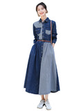 Patcute  Women Denim Dress New Spring Turn Down Collar Long Sleeve Stripe Patchwork Jean Dresses Female Fashion Autumn Long Vestidos