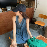 Patcute Sleeveless Dress Women Streetwear Single Breasted Pockets V-neck Denim Females Mini Dresses A-line Pleated Vintage Korean Style