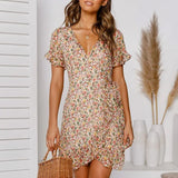 Patcute  Women Dresses Summer Sexy V Neck Floral Print Bohemia Beach Dress Ruffle Short Sleeve A Line Mini Dress Sundress Robe