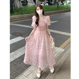 Patcute French Puff Sleeve Floral Dress Women 2024 Summer New High Waist Thin Mid Length Dresses Girls Casual Elegant Dress Female