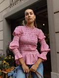 Patcute  2024 New Chic Plaid Print Ruffled Puff Long Sleeves T Shirt Elegant Women O Neck Slim Short Tops Fashion Lady Commute Streetwear