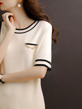 Patcute Knitted Sweater Women Dress Knee Length Loose Straight Elegant Metal Chain O Neck Short Sleeve Mini  Dress Casual Summer 2022