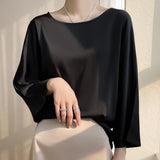 Patcute MOYUEBIFENG Summer New Cropped Sleeves Acetic Acid Satin Slim T-Shirt Blouse Loose Joker Round Neck Shirt