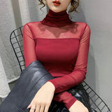 Patcute  Autumn Winter High Collar T shirt Women Sexy Mesh Bottoming Shirt Long Sleeve Solid Color Slim Fit Long Sleeve Casual Tops