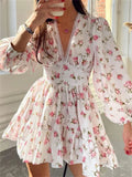 Patcute   Elegant Women Floral Print Short Mini Dress Long Lantern Sleeve Deep V Neck High Waist A-Line Dresses Female Vestidos