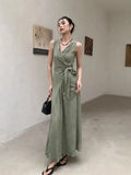 Patcute Green Design V-Neck Vest Dress For Women'S Summer 2024 New Overlapping Collar Wrapped Sleeveless Slim Fit Long Skirt