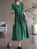 Patcute  Women Cotton Linen Casual Dress New Arrival  Summer Vintage Style V-neck Floral Embroidery Loose Ladies Long Dresses B1808