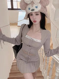 Patcute Y2k Sweet Outfits Woman Solid Knitted Cropped Patchwork Vest + Slim Cardigan + Mini Pleated Skirt Spring Korean Chic 3 Piece Set