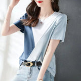 Patcute  New Summer Fashion Commuting Simple Round Neck Front Shoulder Panel Contrast Versatile Casual Loose Oversize T-shirt