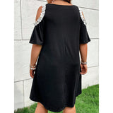 Patcute Plus Size women Clothes Lace New Trim Cold Shoulder Dress Casual Crew Neck Short Sleeve Dress Women's Plus Size Clothing M025