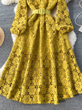 Patcute Spring Autumn Women Hook Flower Hollow Party Long Dress Vintage Round Neck Puff Sleeve High Waist A-Line Maxi Vestidos New 2024