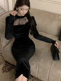 Patcute Elegant Velvet Dress Women Autumn Winter Long Sleeve O-neck Lace Slim Sexy Bodycon Female Evening Party Prom Robe Vestidos Mujer