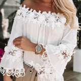 Patcute  Hollow Out Flower Applique Star Summer Dress Lace Off Shoulder Trumpet Sleeve Solid Color Women Midi Dress