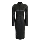 Patcute Plus Size Autumn New Fashion  Women Stand Long Sleeve Faux Leather Zipper Flocking Black Casual Bodycon Kn-length Dress