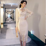 Patcute  Spring Autumn Koreay Style Lace Bow Collar Long Sleeve Female Chic Elegant Sheath Bodyocn Party Dress Women