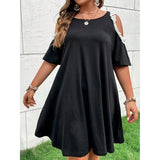 Patcute Plus Size women Clothes Lace New Trim Cold Shoulder Dress Casual Crew Neck Short Sleeve Dress Women's Plus Size Clothing M025