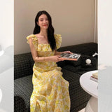 Patcute MEXZT Vintage Floral Midi Dress Women Sweet Print Square Neck A Line Dresses Korean Vacation Yellow Flying Sleeves Slim Vestidos