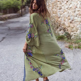 Patcute Long Boho Cardigan Light Green Floral Embroidery Beach Bikini Cover Up Kaftan Kimono Robe Summer Loose Women Blouses