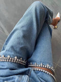 Patcute  Fashion Trendy rhinestone fabric Blue Distressed Relaxation of Tall Waist Wide Legged Pants Spring 2024 Hollow Out Jeans Women