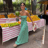 Patcute Green Striped Strapless Maxi Dress for Women Sexy Folds Sleeveless Slim Beach Dress Female Caual Dress Bohemia Outfits 2024