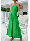 Patcute Waist Folds Backless Double Strap Casual Wide Leg Jumpsuit Long Pants Green 2024 New Female Loose  Jumpsuit