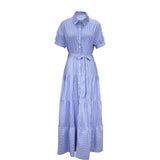 Patcute Shirt Dress Women Long Dress Striped Short Sleeve Loose Dress Cotton Blend Single Breasted Stripe Maxi Dresses vestidos