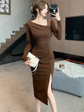 Patcute 2024 Solid Vintage V-Neck Sexy Side Slit Long Dress Autumn Winter Long Sleeve Bodycon Vestidos Women Elegant Casual Party Dress