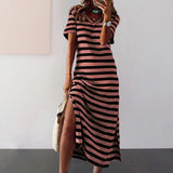 Patcute  Summer Dresses  Woman Plus Size Dresses For Women Casual Stripe Print V-neck Short Sleeve Loose Long Dress Robe Femme