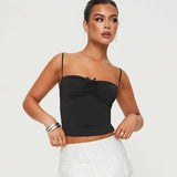 Patcute 2024 Summer Solid Color Adjustable Shoulder Straps One Shoulder Short Crop Shrinking Pleated Slim Bow Sexy Tank Top