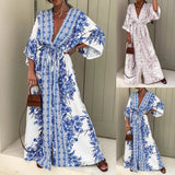 Patcute V Neck Half Sleeve Long Dress Lace Up Vintage Printed Large Hem Dresses Womens Casual Summer Dress Loose Long Robe Vestidos