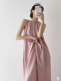 Patcute Pink French Vest Dress For Women's Summer Acetic Acid Imitation Linen Pleated Vacation Style Suspender Long Skirt