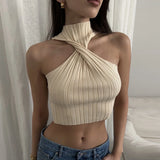 Patcute Ribbed Twist Knit Tank Top Women Sexy Off Shoulder Cropped Tops Summer Y2K Fashion Sleeveless Sweater Pullover Holidays Tee 2024