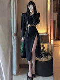 Patcute Black suit two-piece women's short coat A-line high waist slit skirt fashion high-quality office suit two-piece elegant dresses