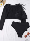 Patcute  Summer Women Triangle Three-Piece Suit Sexy High Waisted Bikini Set Bandage Push-Up Swimsuit Bathing Long Sleeve Beach Holiday