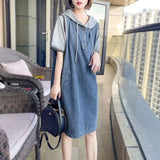 Patcute Korean Hooded Denim Dress Drawstring Stylish Patchwork Summer Short Sleeve Female Clothing Casual All-match Straight Dresses New