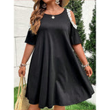 Patcute Plus Size women Clothes Lace New Trim Cold Shoulder Dress Casual Crew Neck Short Sleeve Dress Women's Plus Size Clothing M025