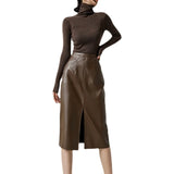 Patcute Leather Mid Length 2024 Fashionable Versatile Coffee Colored Long Skirt with Buttocks Sheepskin Women Half Length Skirt