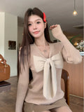 Patcute Spring and Autumn Women's New Bow Lace-up Long Sleeve V-Neck Slim-fit Knitted Sweater