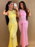 Patcute Knit Drape Dress For Women Fashion O Neck Sleeveless Bodycon Dresses Ladies Solid Casual Maxi Dress Knitwear