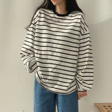 Patcute Striped T-shirt Women's New Spring And Autumn Thin Section Street Loose Long-sleeved Top Bottoming Shirt Top